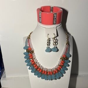 Coral & Aqua Beaded Statement Necklace Set - Unbranded